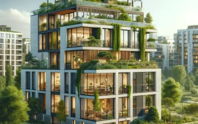 DALL·E 2024-01-23 12.25.10 - A photorealistic image depicting 'Klimafreundlicher Neubau' (Climate-Friendly Construction). The scene includes a modern residential building that emb 2